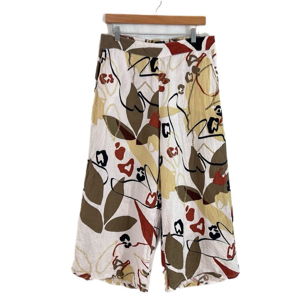 Tahari 100% Linen Pants Womens Large Wide Leg Ankle Resort Coastal Floral Pullon